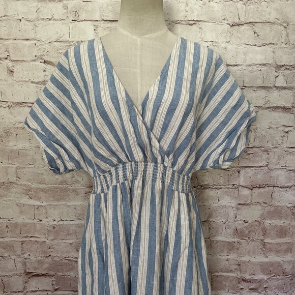 Boden Womens Dress Linen Kaftan Maxi Porcelain Blue Lurex Stripe Size 12P Petite - Picture 2 of 7